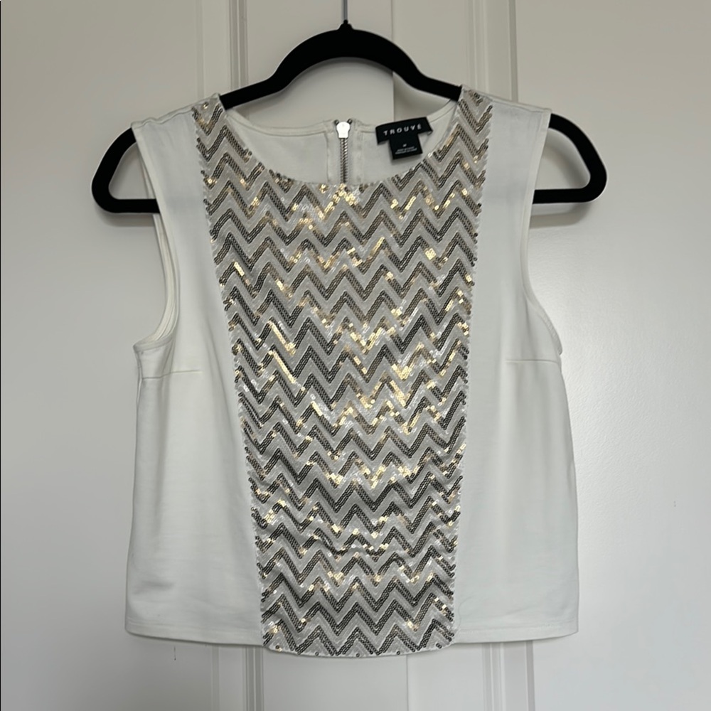 TROUVÉ Full Zip Back Sequined Sleeveless Top Off-white Size M